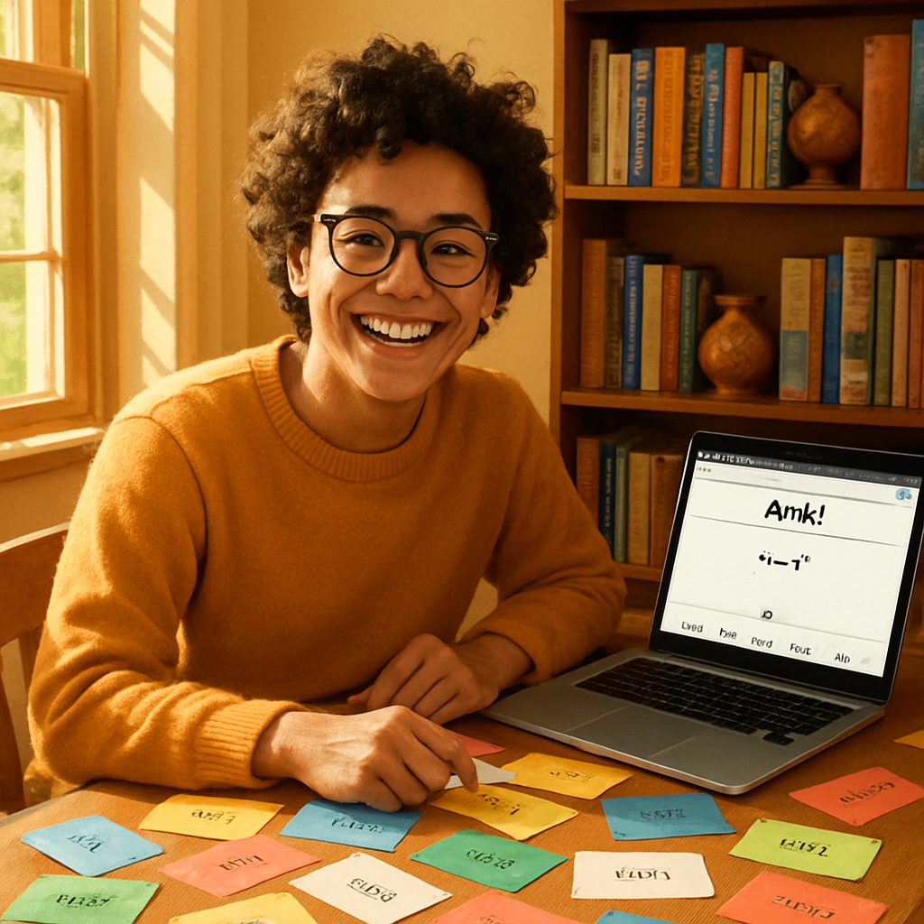 In a cozy warmly lit study a young adult with an infectious smile sits at a wooden desk cluttered with colorful flashcards and a laptop displaying the